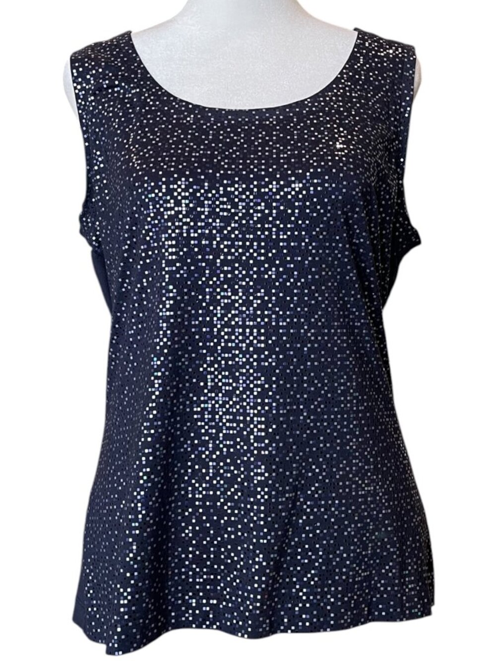 St John Dark Blue Square Paillettes Scoop Neck Sleeveless Shell Blouse Tank Top